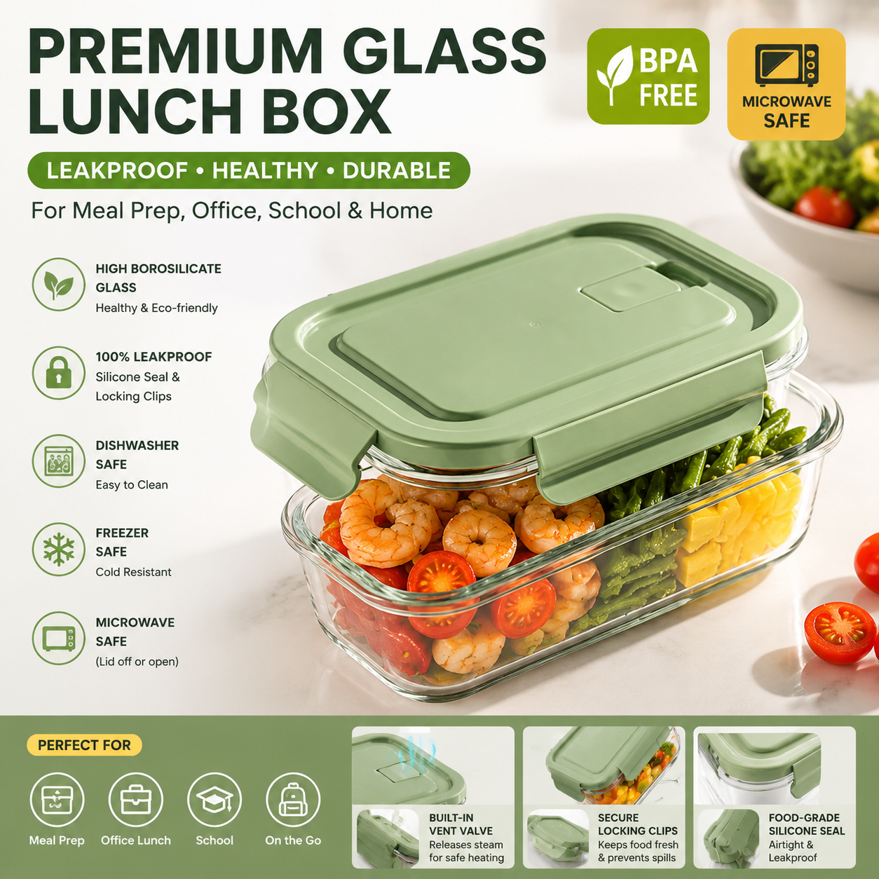 Meal Prep Healthy Lunch - High Borosilicate Glass Lunch Box Airtight